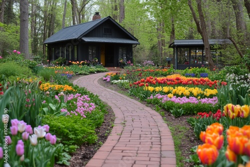 Cozy cottage surrounded by vibrant tulip gardens in springtime bloom
