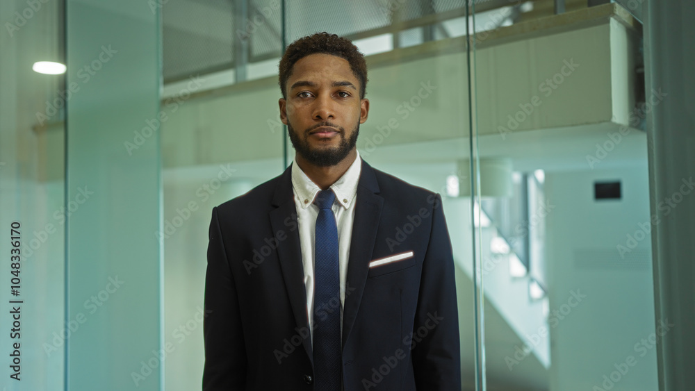 Fototapeta premium Young man in business attire standing in modern office interior with glass walls