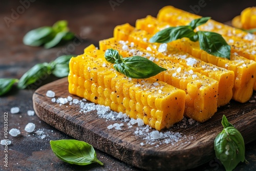Freshly prepared golden corn with basil and salt on a wooden board