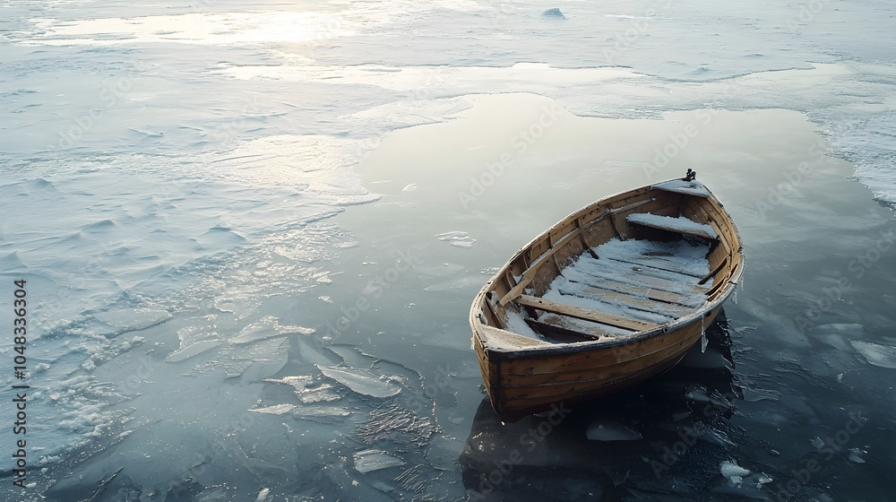 Obraz premium Wooden Boat Trapped in Frozen Lake Symbolizing Stillness and Immobilization of Extreme Cold