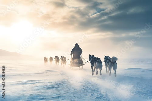 Dog Sled Team Racing Across Frozen Tundra Guided by Musher Braving Harsh Wind photo