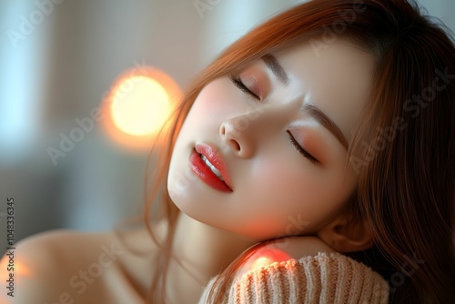 Close-up of a beautiful woman feeling sick, feverish, Sexy woman feeling unwel. A serene portrait of a woman with closed eyes, showcasing soft features and warm lighting. photo