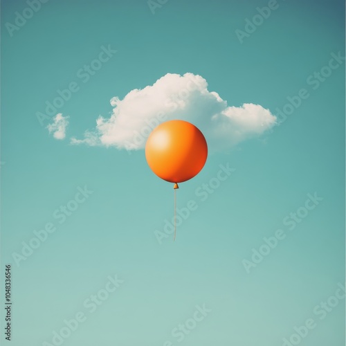 An orange balloon floating against a clear blue sky with fluffy white clouds ...
