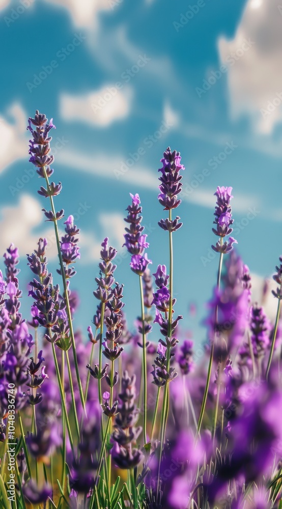 Fototapeta premium Lavender flowers blooming in a vibrant field under a blue sky filled with clouds during a sunny afternoon