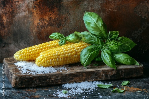 Freshly prepared golden corn with basil and salt on a wooden board