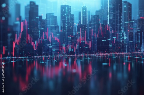 Dynamic financial market trends visualized over a cityscape at night