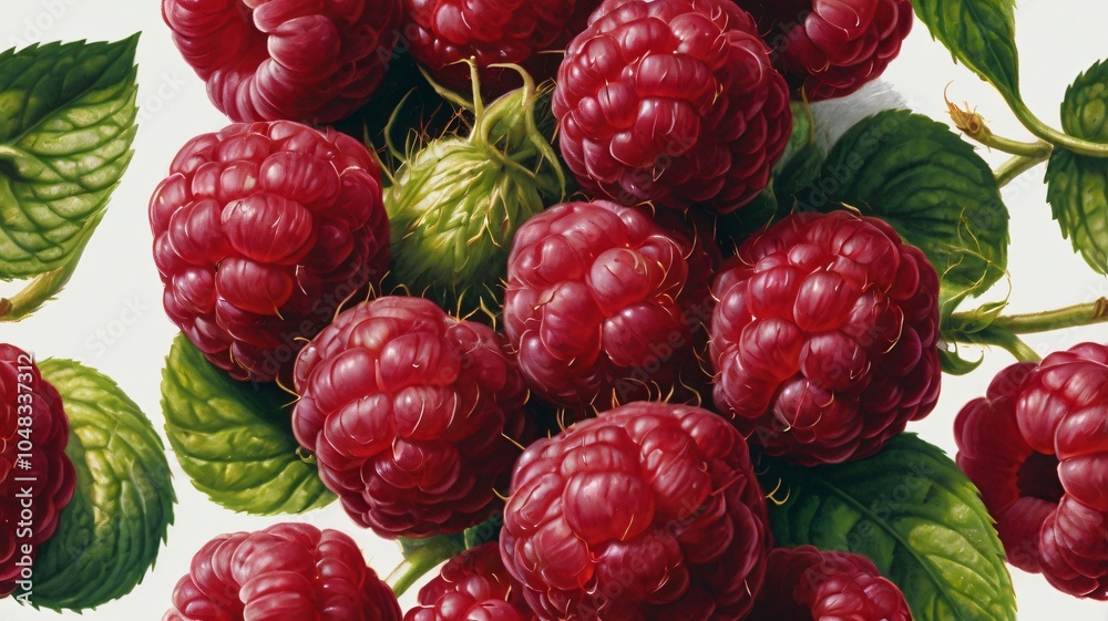 Freshly harvested plump raspberries surrounded by vibrant green leaves on a light background Freshly harvested plump raspberries surrounded by vibrant green leaves on a light background