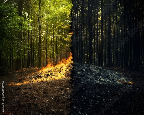 Contrasting Forest Aftermath Climate Induced Wildfire Destruction and Renewal photo