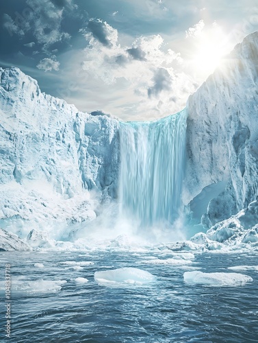 Melting Glacier with Flowing Streams Into the Ocean Climate Change Concept with Dramatic Sky and Copy Space