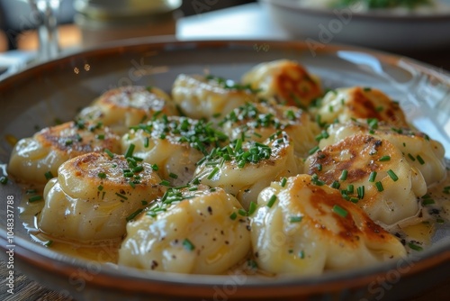 A serving of pelmeni, Russian dumplings filled with meat, topped with melted butter and a sprinkle of chives photo