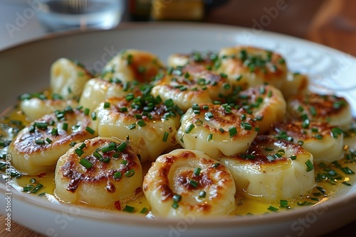 A serving of pelmeni, Russian dumplings filled with meat, topped with melted butter and a sprinkle of chives photo