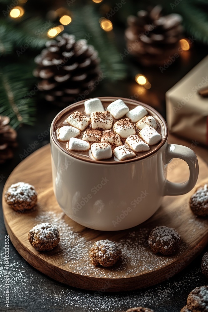 Delicious hot chocolate topped with marshmallows on a wooden board surrounded by festive cookies and pine cones during winter evenings Delicious hot chocolate topped with marshmallows on a wooden board surrounded by festive cookies and pine cones during winter evenings