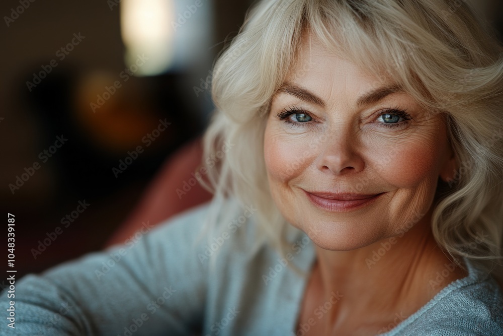Fototapeta premium Portrait of a beautiful senior woman, with a smile on her face, blonde hair, sitting at home, looking into the camera. 
