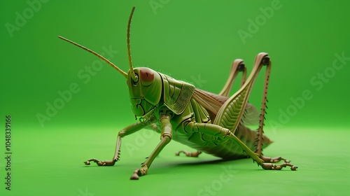 A close-up image of a green grasshopper on a vibrant green background, showcasing its detailed features and anatomy.