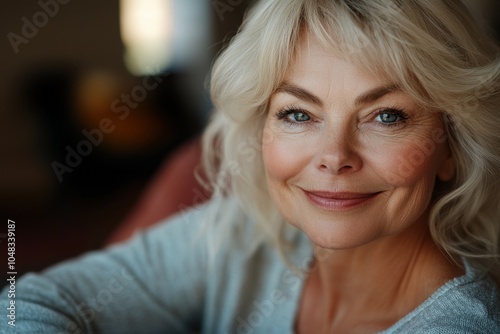 Wallpaper Mural  Portrait of a beautiful senior woman, with a smile on her face, blonde hair, sitting at home, looking into the camera.  Torontodigital.ca