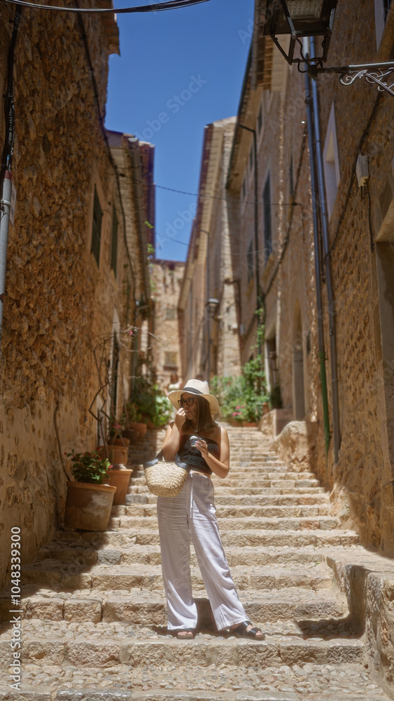 Young woman enjoying a sunny day outdoors in fornalutx, mallorca, spain, standing on rustic stone steps with a picturesque narrow alley and traditional architecture. Young woman enjoying a sunny day outdoors in fornalutx, mallorca, spain, standing on rustic stone steps with a picturesque narrow alley and traditional architecture.