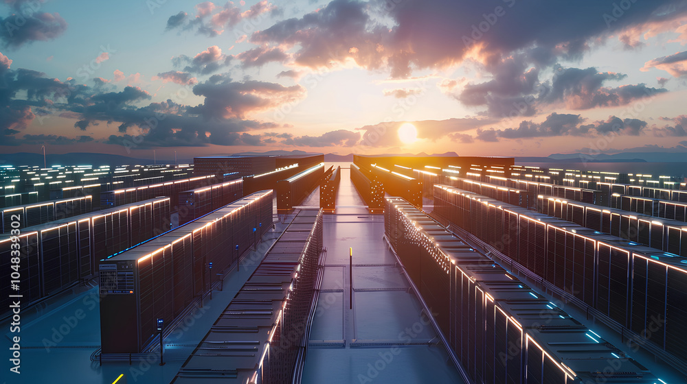 Fototapeta premium Vast array of shipping containers stretches under a vibrant sunset, showcasing industrial efficiency and the beauty of global trade.