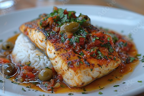 A serving of pescado a la veracruzana, a fish fillet baked with tomatoes, olives, capers, and herbs, served with white rice photo