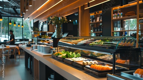 A modern café showcasing a vibrant display of food items in an inviting atmosphere.