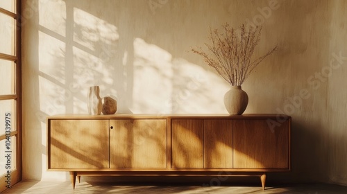 Minimalist living room with a wooden sideboard, vase with dried flowers, a sculpture, and personal decor elements against a stucco wall