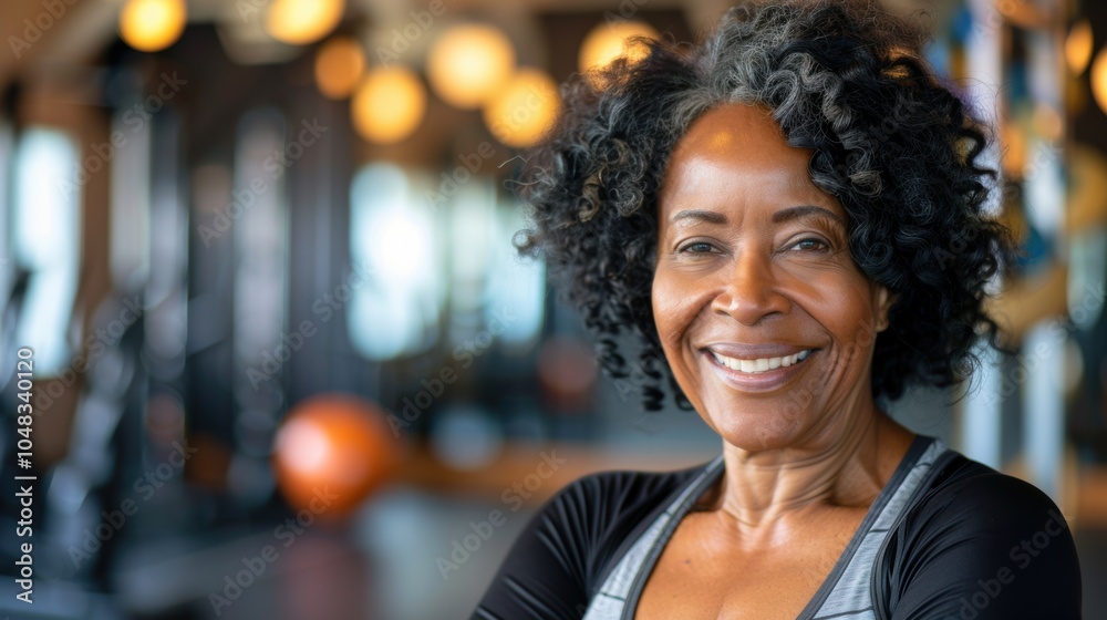 A portrait of an African American woman in her fifties, smiling at the camera with black curly hair and wearing athletic gear, standing confidently inside a gym setting with a blurred background A portrait of an African American woman in her fifties, smiling at the camera with black curly hair and wearing athletic gear, standing confidently inside a gym setting with a blurred background