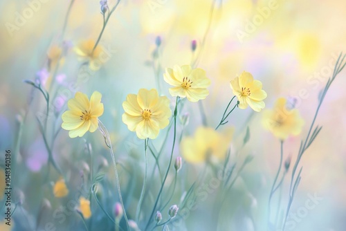 Delicate pale golden field blooms thriving in the grassland on a clear sunny spring or summer afternoon. Soft focus emphasizes their elegance and splendor