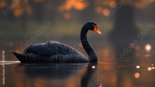Fototapeta Naklejka Na Ścianę i Meble -  A solitary black swan glides gracefully across a tranquil lake surrounded by vibrant autumn foliage during sunset