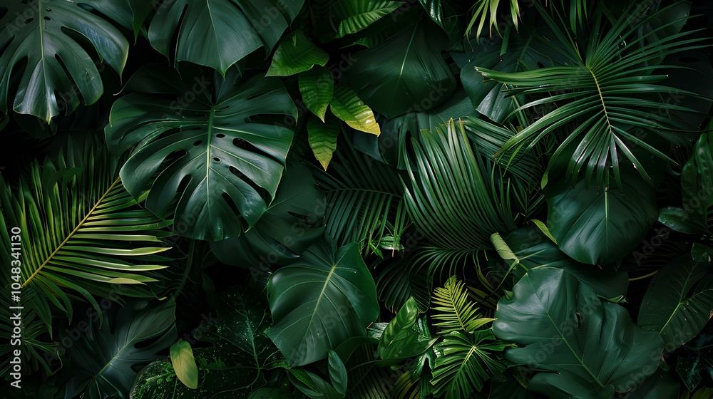 A lush, close-up view of various dark green tropical leaves creates a rich, textured background evoking a sense of nature and tranquility.