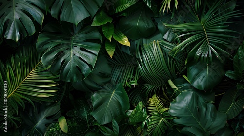 A lush, close-up view of various dark green tropical leaves creates a rich, textured background evoking a sense of nature and tranquility.