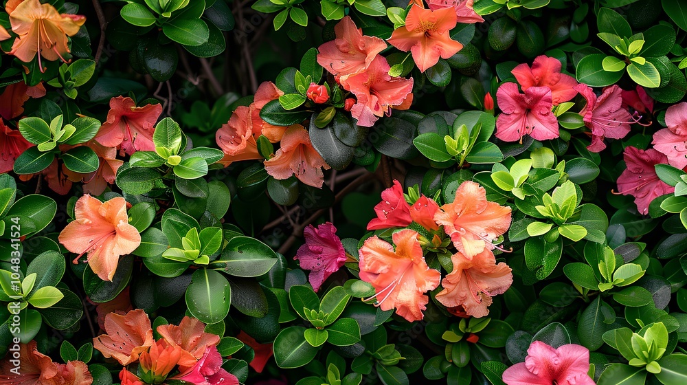 A vibrant display of colorful azalea flowers blooming amidst lush green foliage. A vibrant display of colorful azalea flowers blooming amidst lush green foliage.