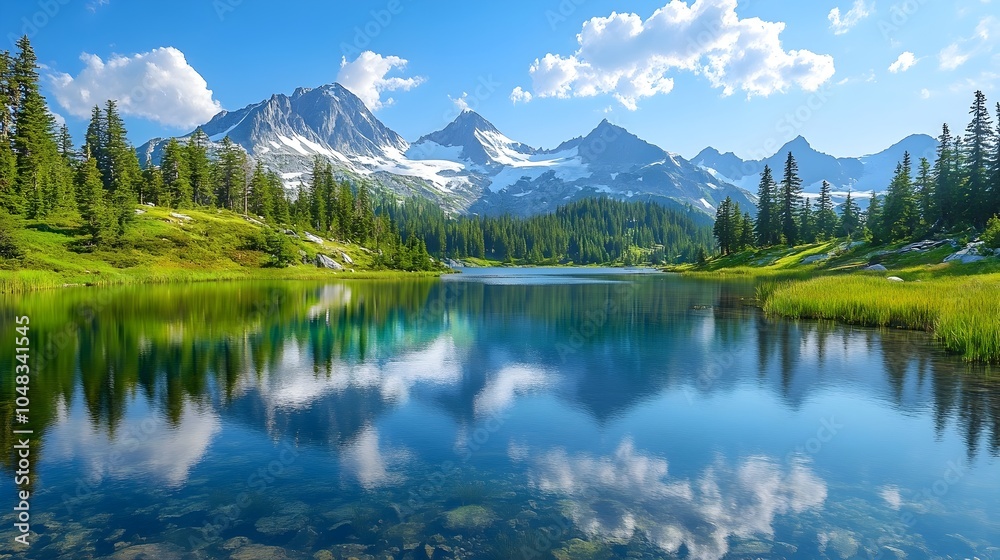 A tranquil and picturesque 3D rendered mountain lake with crystal clear water reflecting the beauty of the surrounding snow capped peaks and lush pine trees creating a serene and natural landscape A tranquil and picturesque 3D rendered mountain lake with crystal clear water reflecting the beauty of the surrounding snow capped peaks and lush pine trees creating a serene and natural landscape
