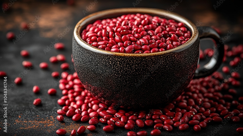 A rustic black bowl filled to the brim with vibrant red adzuki beans situated on a dark wooden surface, creating a rich contrast with scattered beans around it A rustic black bowl filled to the brim with vibrant red adzuki beans situated on a dark wooden surface, creating a rich contrast with scattered beans around it