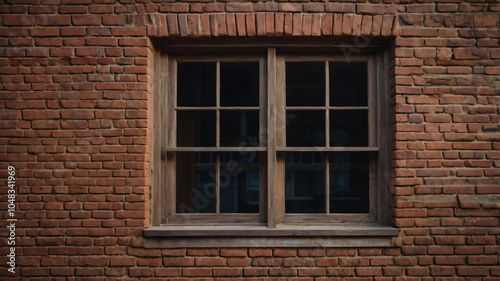 Rustic wooden window framed by red brick wall in an urban setting during late afternoon light