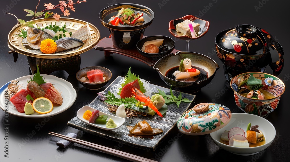 Elegant Japanese cuisine spread featuring sushi, sashimi, and traditional dishes arranged artistically on ornate plates. Elegant Japanese cuisine spread featuring sushi, sashimi, and traditional dishes arranged artistically on ornate plates.