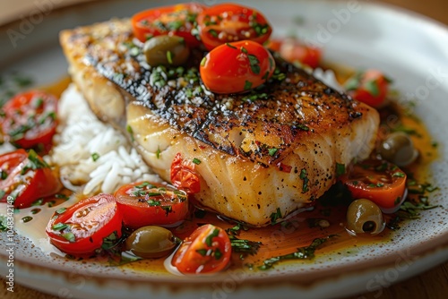 A serving of pescado a la veracruzana, a fish fillet baked with tomatoes, olives, capers, and herbs, served with white rice photo