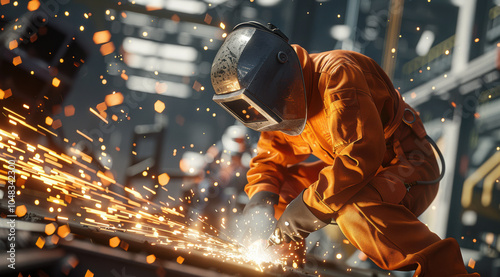 A skilled welder in an orange jumpsuit crafts metal sparks at a busy industrial site during daytime, showcasing precision and dedication to the craft photo