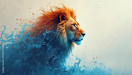 A majestic lion, its mane aflame with orange hues, stands against a backdrop of blue and orange paint splatter.