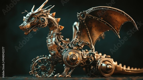 Steampunk mechanical dragon sculpture with gears and wings on a dark backdrop