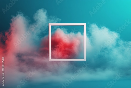 Soft pink cloud art display within a white frame against a light blue background