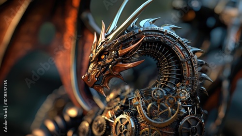 Intricately designed mechanical dragon with gears, capturing the essence of fantasy at dusk