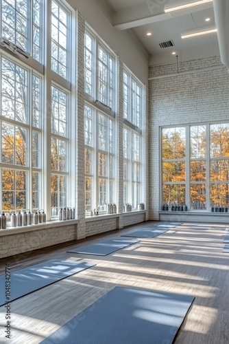 Bright and spacious wellness studio with large windows overlooking nature in ...