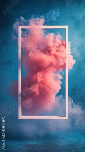 Colorful smoky cloud in a rectangular frame with vibrant blue background and ...