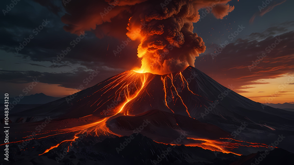 Fototapeta premium dramatic scene of a volcano erupting, with molten lava spewing from the crater, ash clouds billowing into the sky, and fiery magma flowing down the mountainside