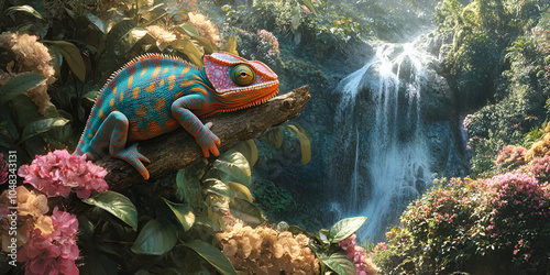 Exotic Lizard Perched by Lush Tropical Waterfall