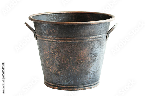 A large, old-fashioned metal bucket with a handle sits . on transparent background.
