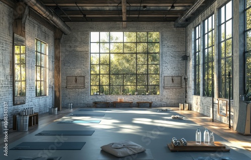 Bright and airy yoga studio with natural light and wooden accents in a tranqu...