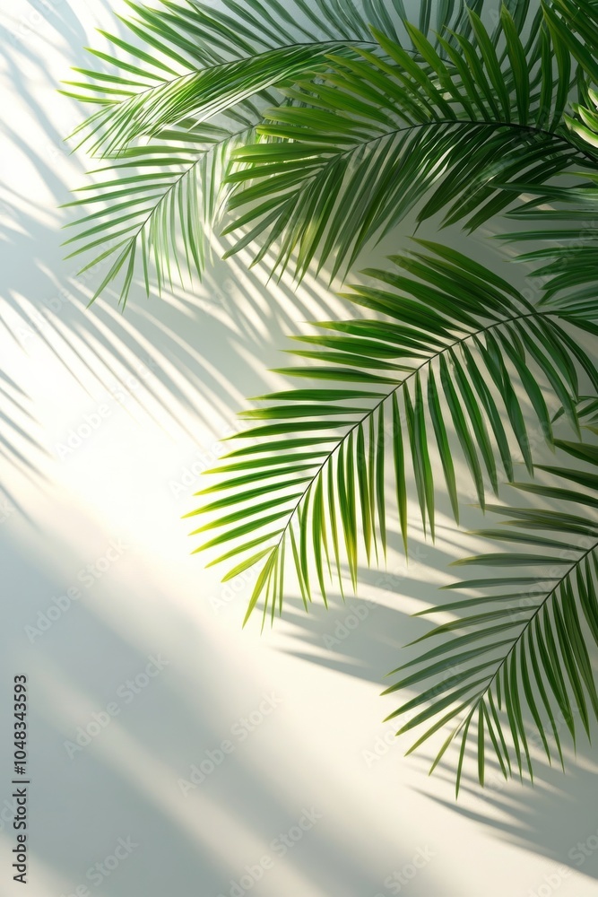 Naklejka premium Lush green palm leaves create a serene atmosphere against a light background