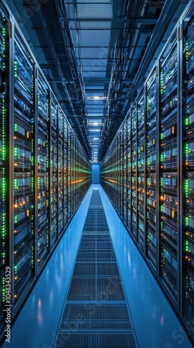 A futuristic data center filled with glowing servers and advanced technology ...