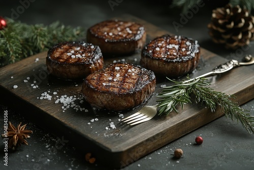Juicy steaks seasoned with herbs on a rustic wooden board during a festive ga...