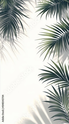 Lush green palm leaves casting shadows against a light background in a serene...